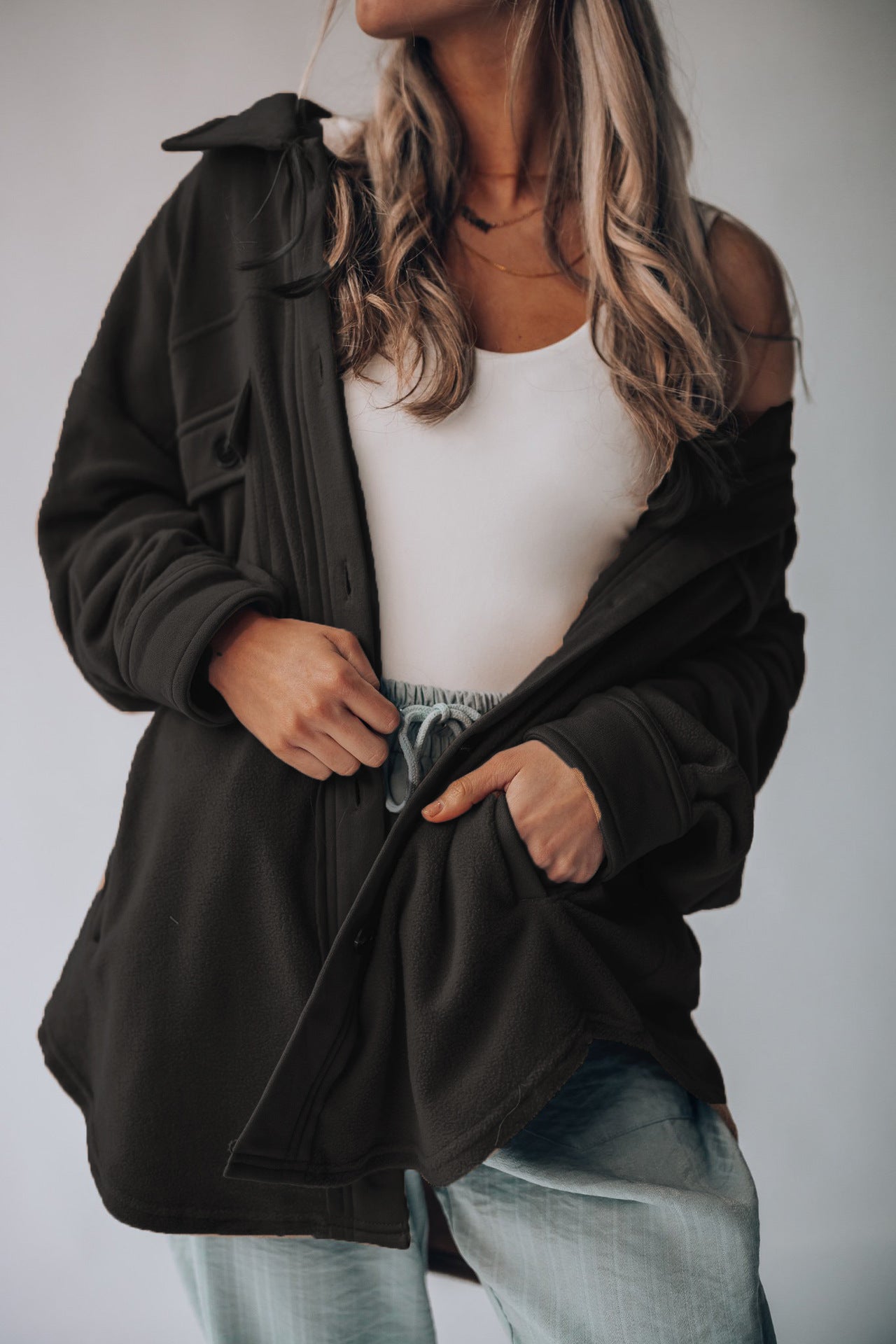 Women's Fashion Polo Collar Single-breasted Long Sleeve Shirt Coat