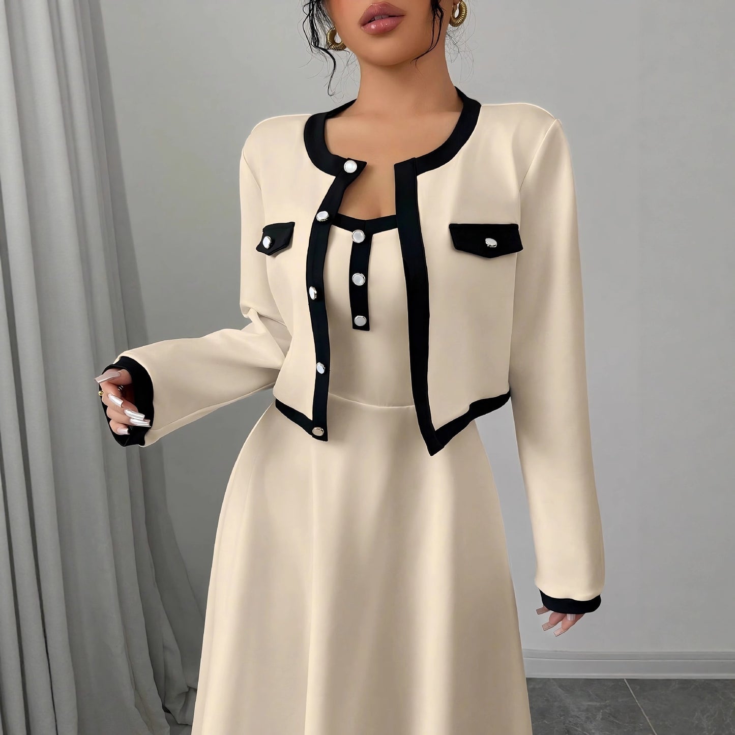 Womens French-style Long-sleeve Cropped Jacket And Slip Dress Two-piece Set