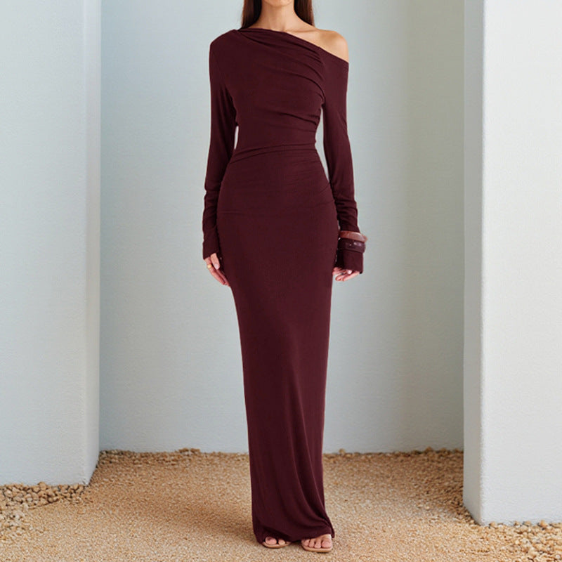 Oblique Shoulder Backless Long Sleeve Slim Dress Women Ins