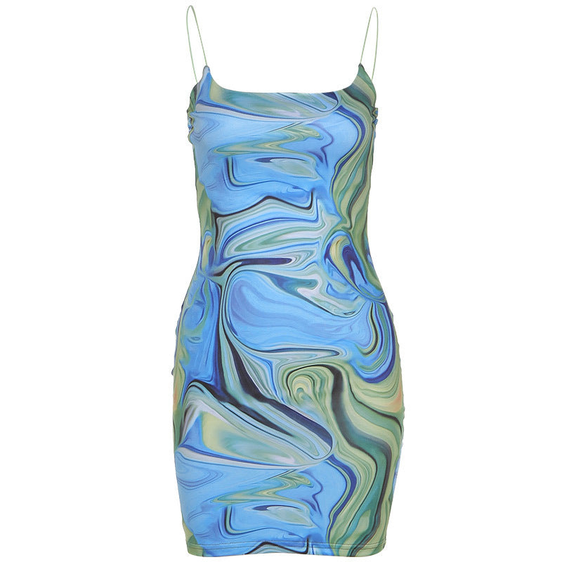 Women's Suspenders Backless One-shoulder Fashion Printed Slim Dress