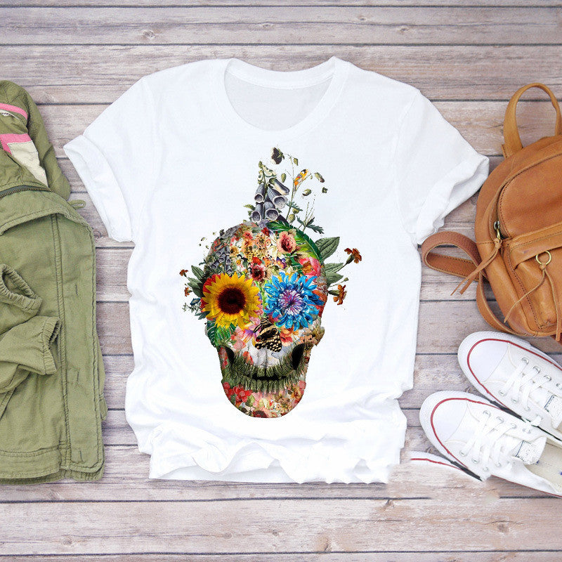 T-shirt personnalisé pour femme avec imprimé tête de mort, papillon et plante