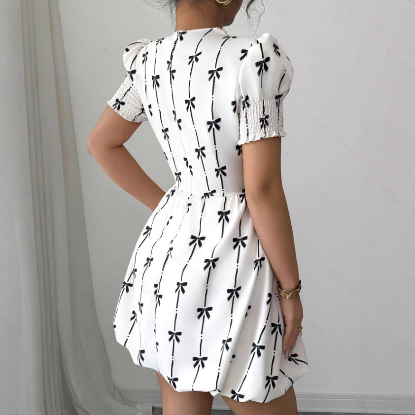 Womens Ruffle-Sleeve Bow-Knot Pullover Dress