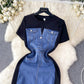 Niche Round Neck Short Sleeve Stitching Denim Dress