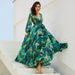 Summer Amazon New Lantern Sleeve V-neck Green Leaf Print Sk