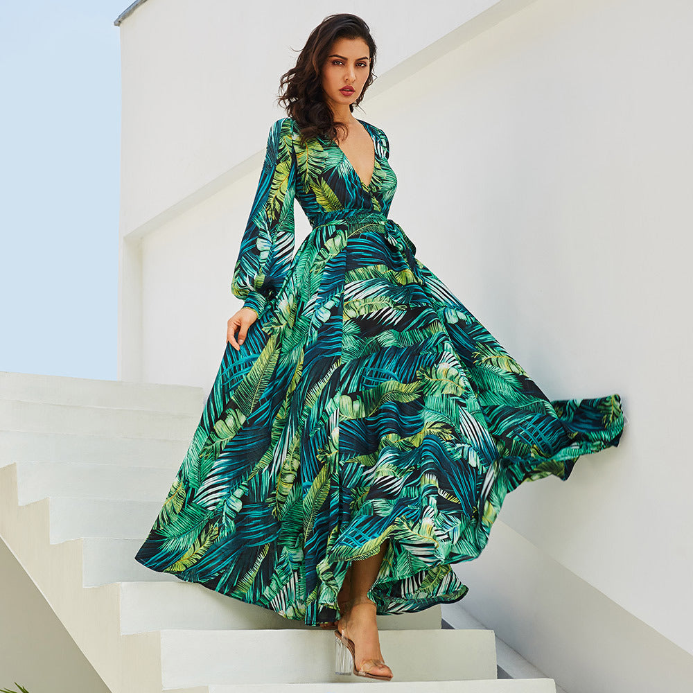 Summer Amazon New Lantern Sleeve V-neck Green Leaf Print Sk