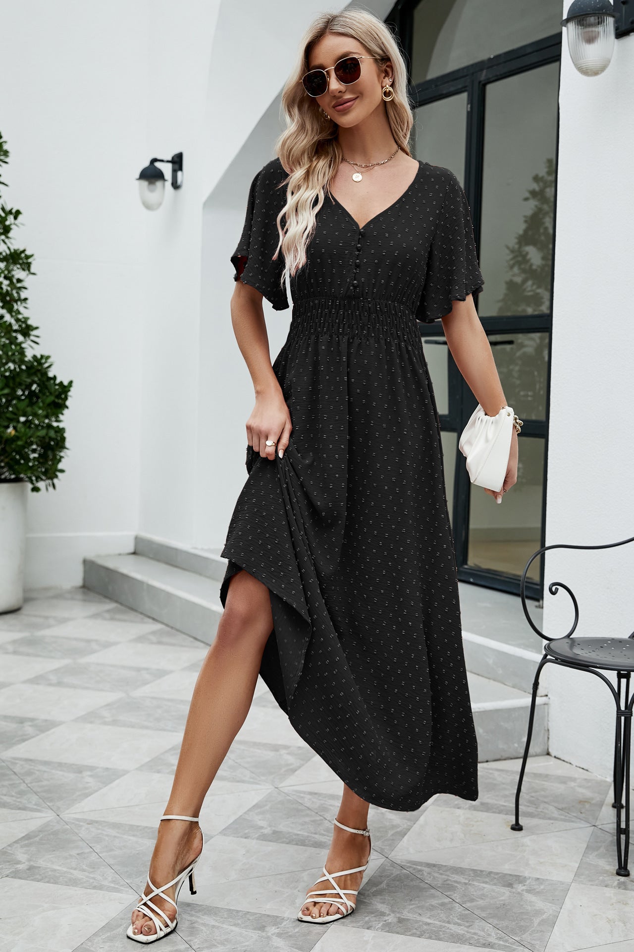 Robe trapèze ample à manches courtes et col en V pour femme