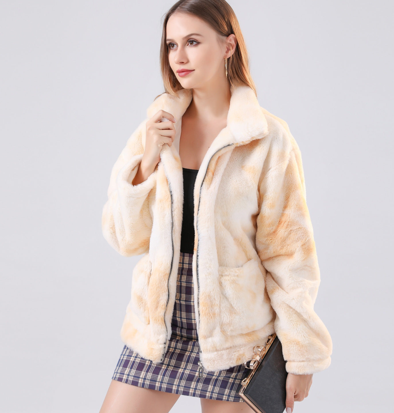 Women's plush color tie-dye long sleeve coat