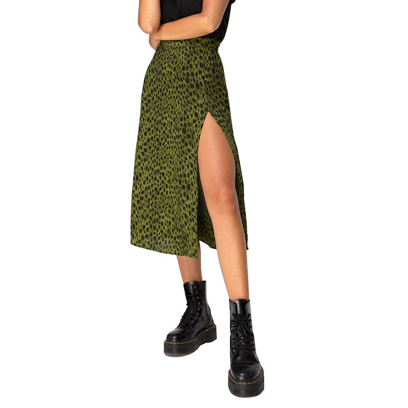 Leopard print floral print high waist stretch slit long A-line skirt