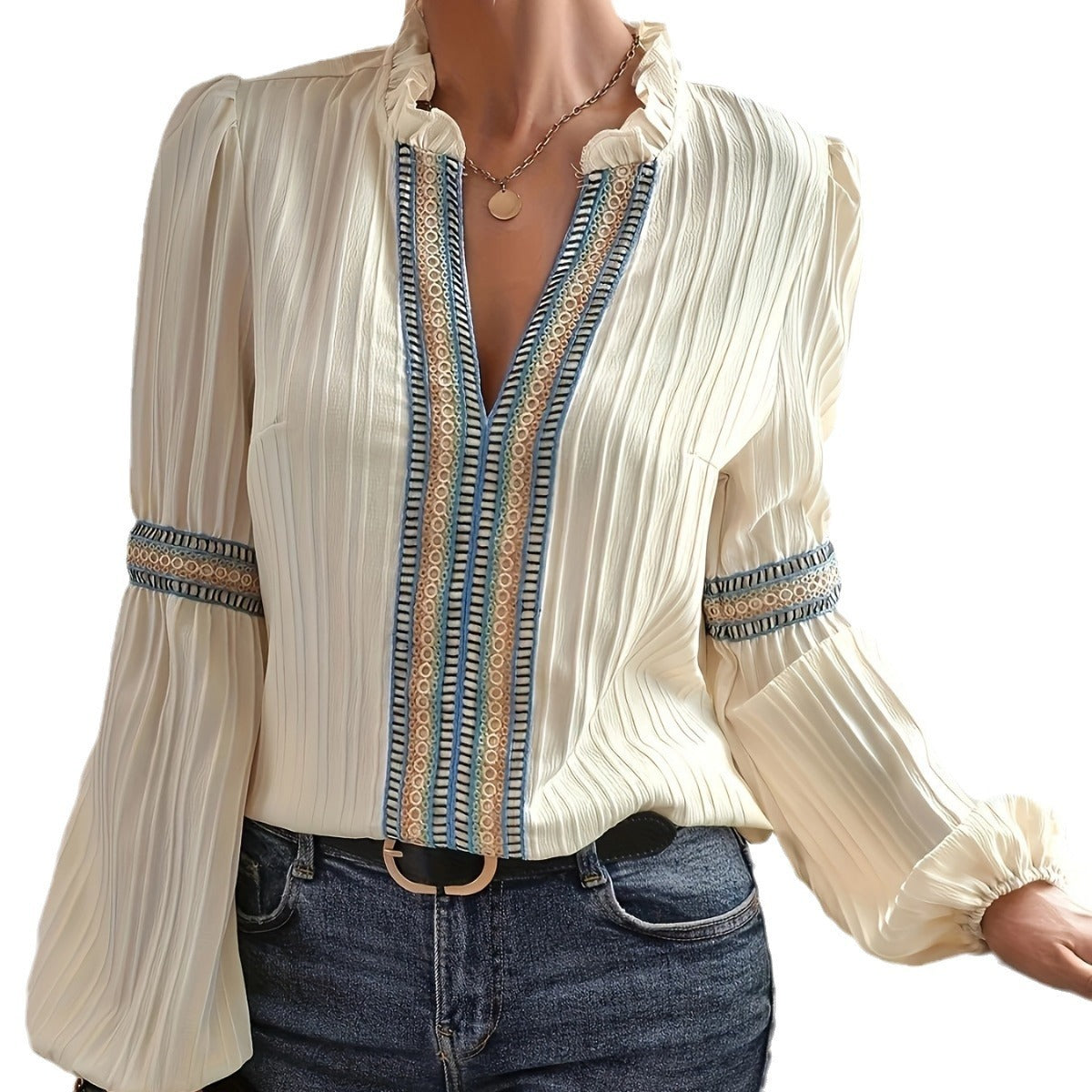 Chemise patchwork simple à col en V et dentelle unie