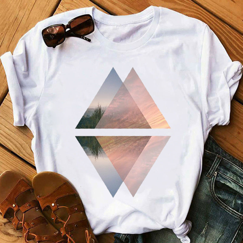 Landscape Print Short-sleeved T-shirt Top Women Summer