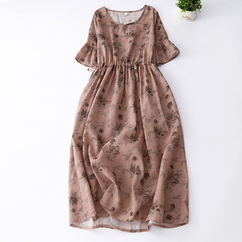 Summer Elegant Cotton And Linen Floral Belly-covering Dress
