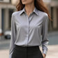 Solid Color Long Sleeve Lapel Satin Blouse