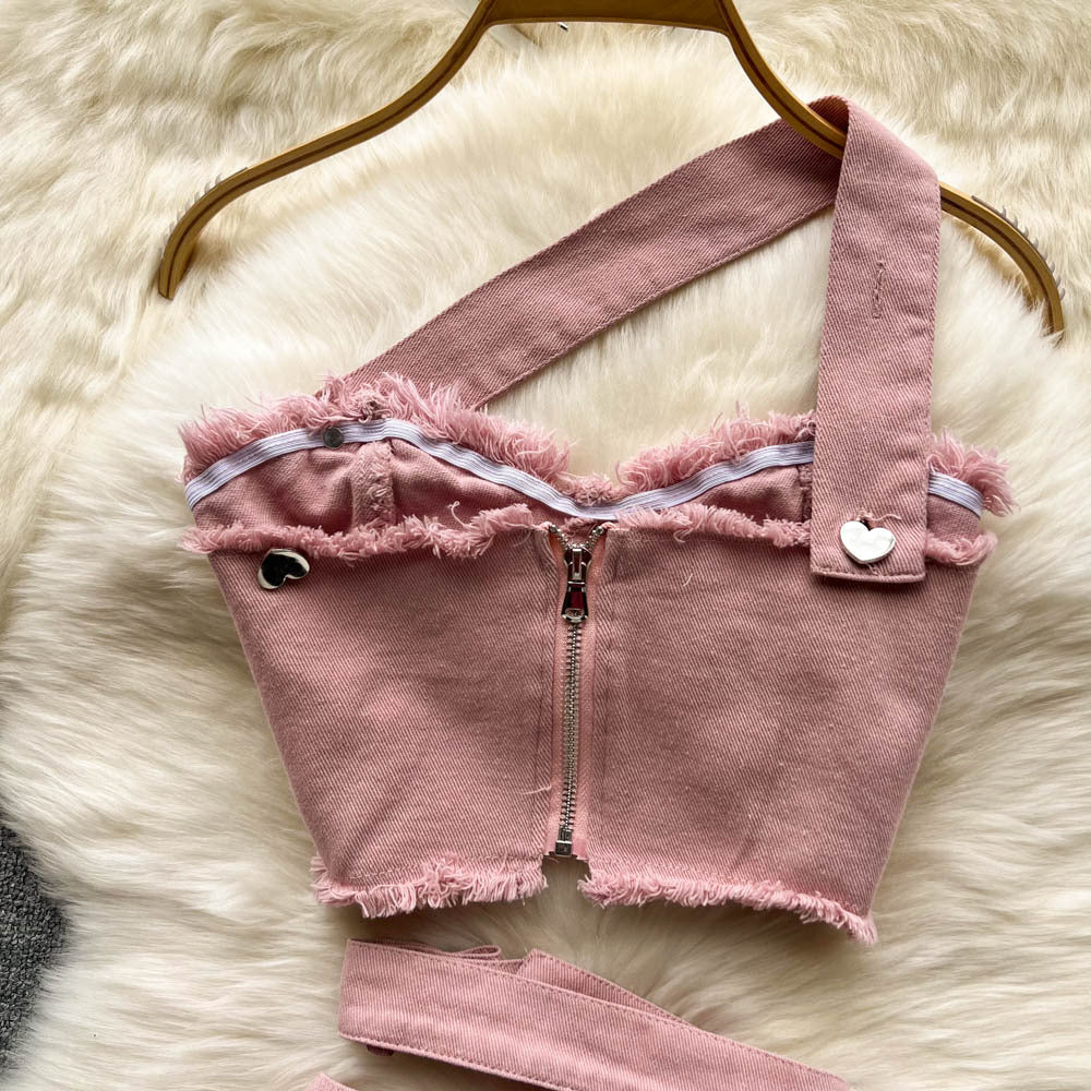 Tenue élégante rose pour fille sexy, vêtements d'extérieur, haut bandeau à bretelles, jupe irrégulière, costume deux pièces élégant