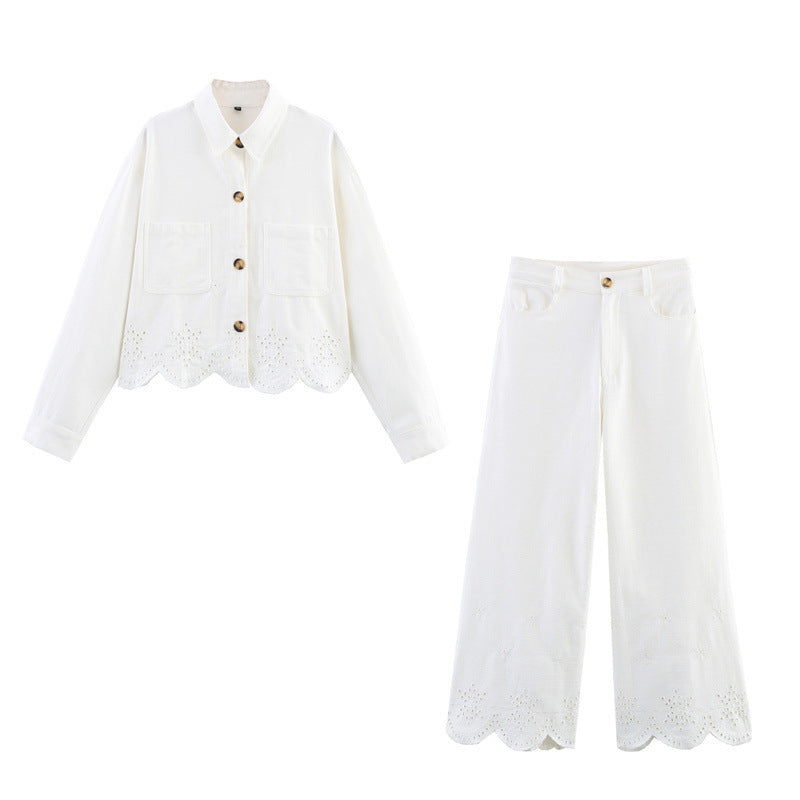 European And American Style Hollow Embroidered Jacket Wide Leg Trousers