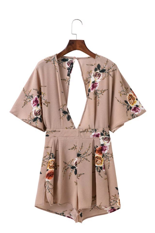 European and American fashion style retro trend flower pattern print backless jumpsuit