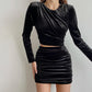 Suede Shoulder Cutout Gathered Long Sleeve Pack Hip Dress