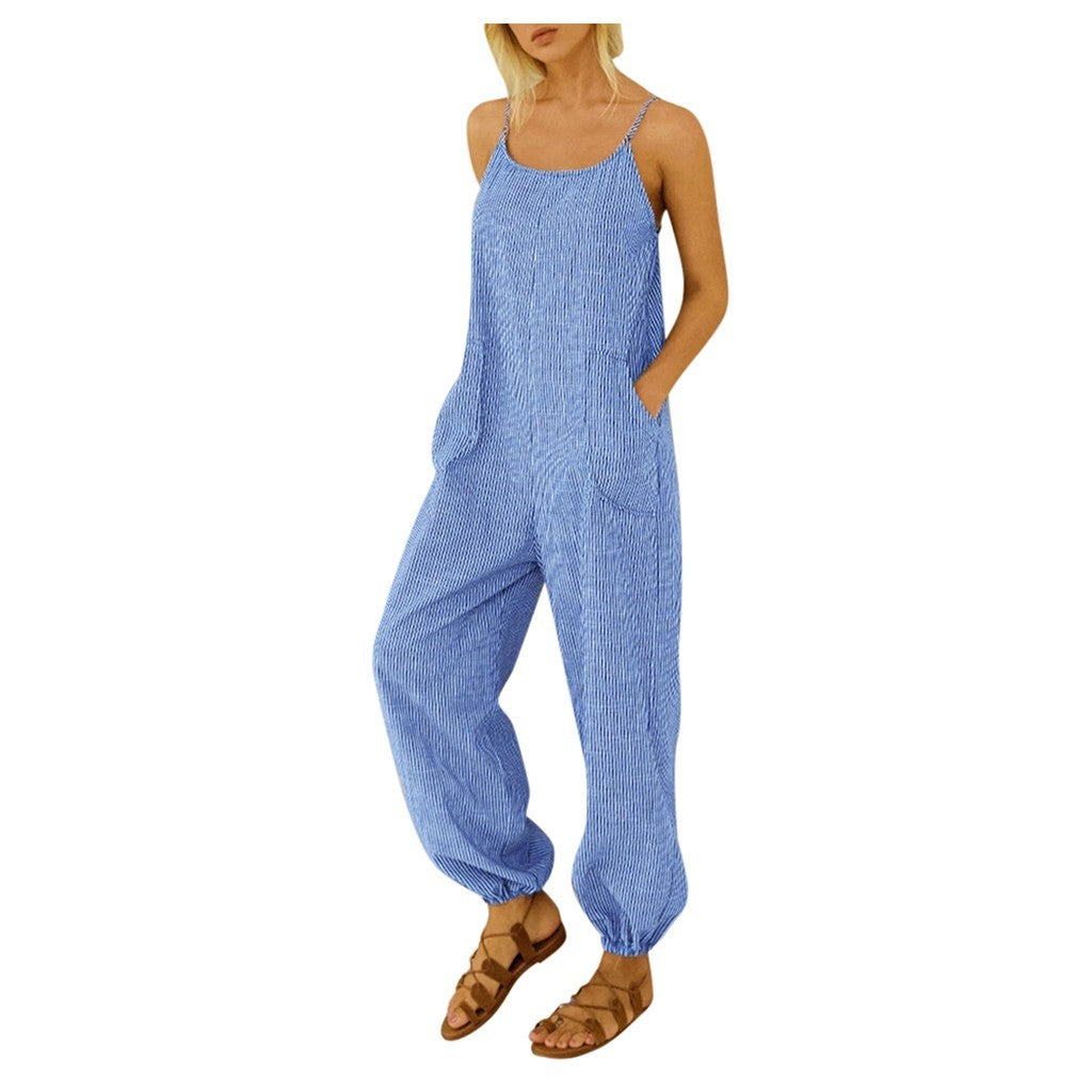 Sling romper pocket cotton and linen stripes