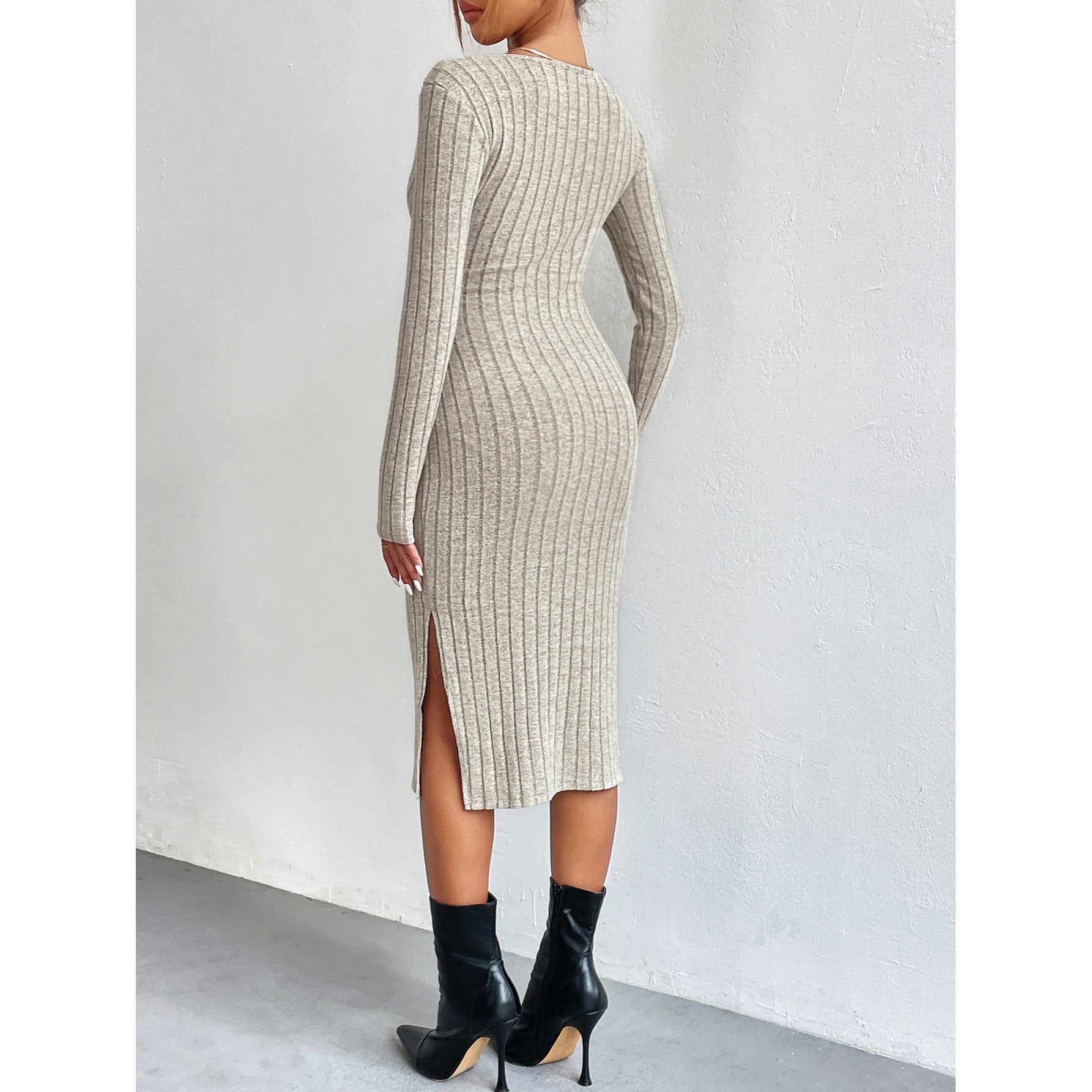 European And American High Waist Slit Long Sleeve Dress