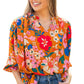 Women's Ruffled Collar Colorful Flowers Ruffled Shirt Top