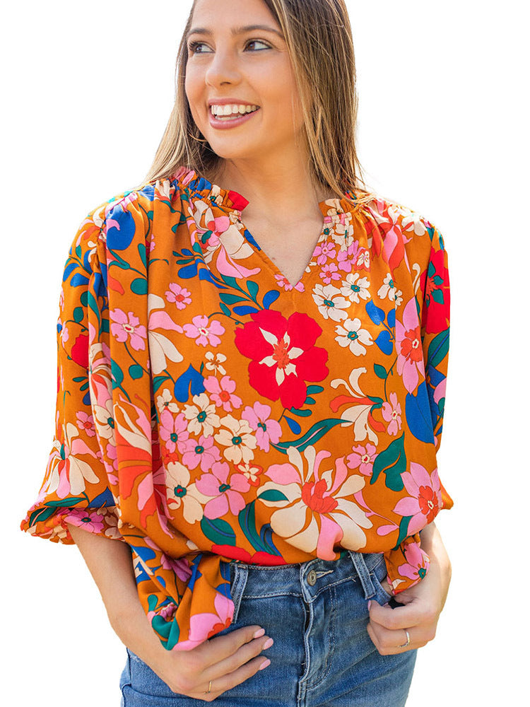 Women's Ruffled Collar Colorful Flowers Ruffled Shirt Top