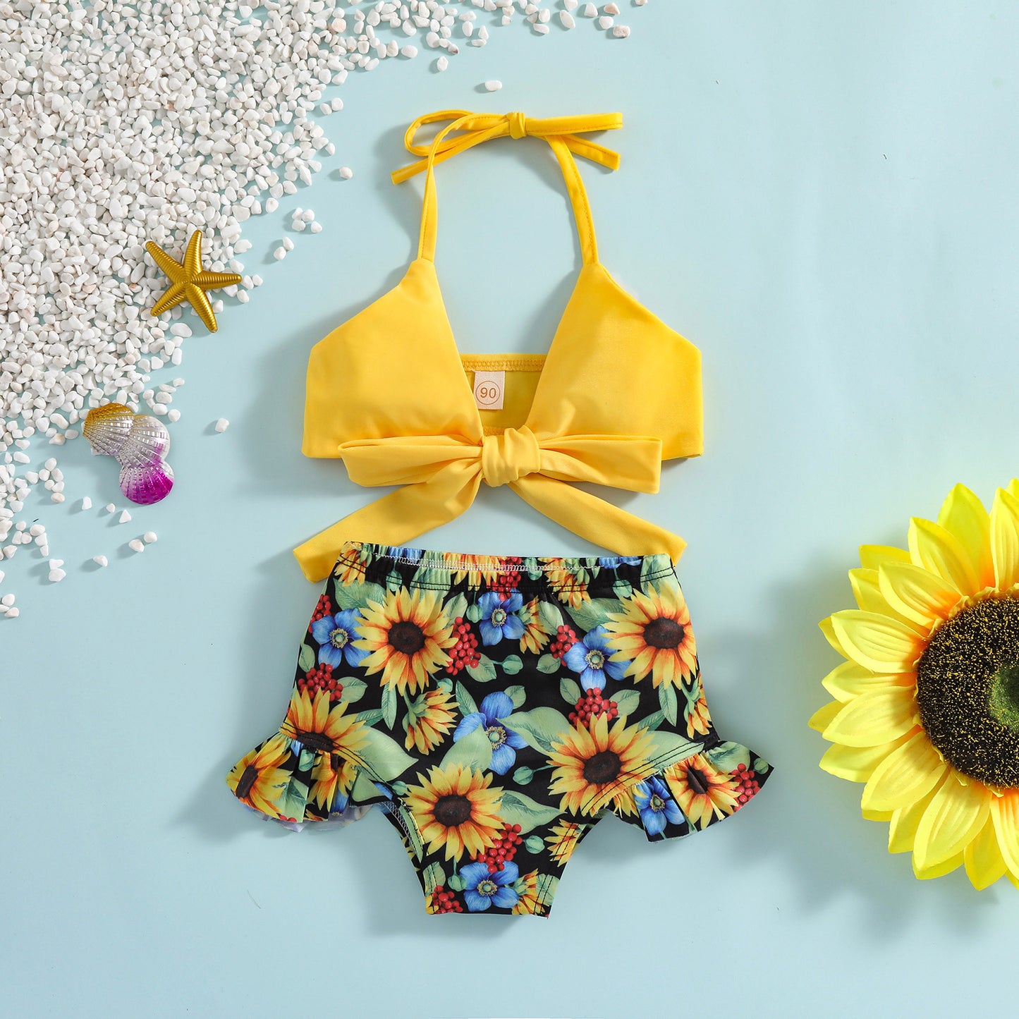 Girls' Flower Print Front Tied Spaghetti-strap Split Two-piece Suit Swimsuit