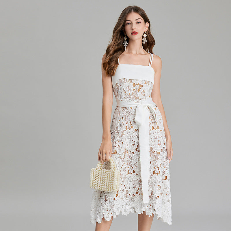 Crocheted Hollow Embroidery Stitching Lace-up Waist-controlled Slimming Dress