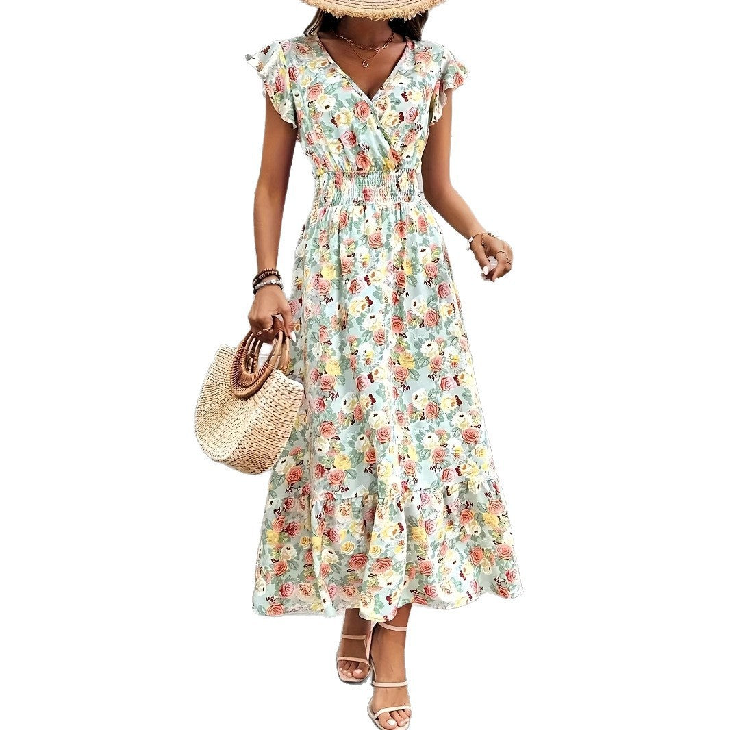Elegant Printed Floral V-Neck Short-Sleeve Waist-Cinching Dress