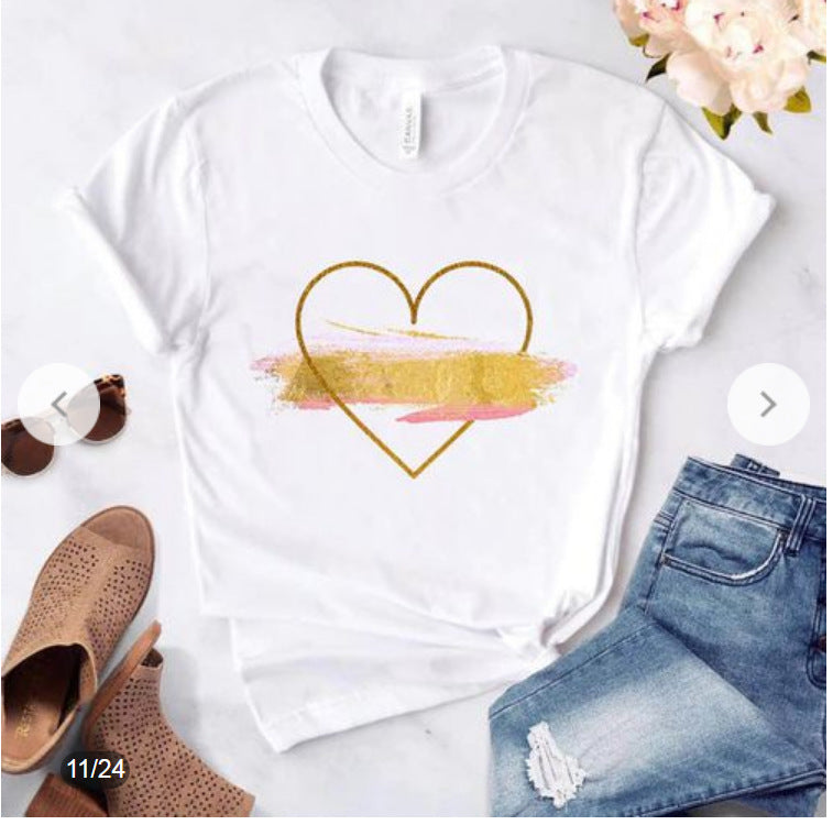 T-shirt blanc à manches courtes et col rond avec imprimé cœur et rose, idéal pour les couples, commerce extérieur, pour hommes et femmes