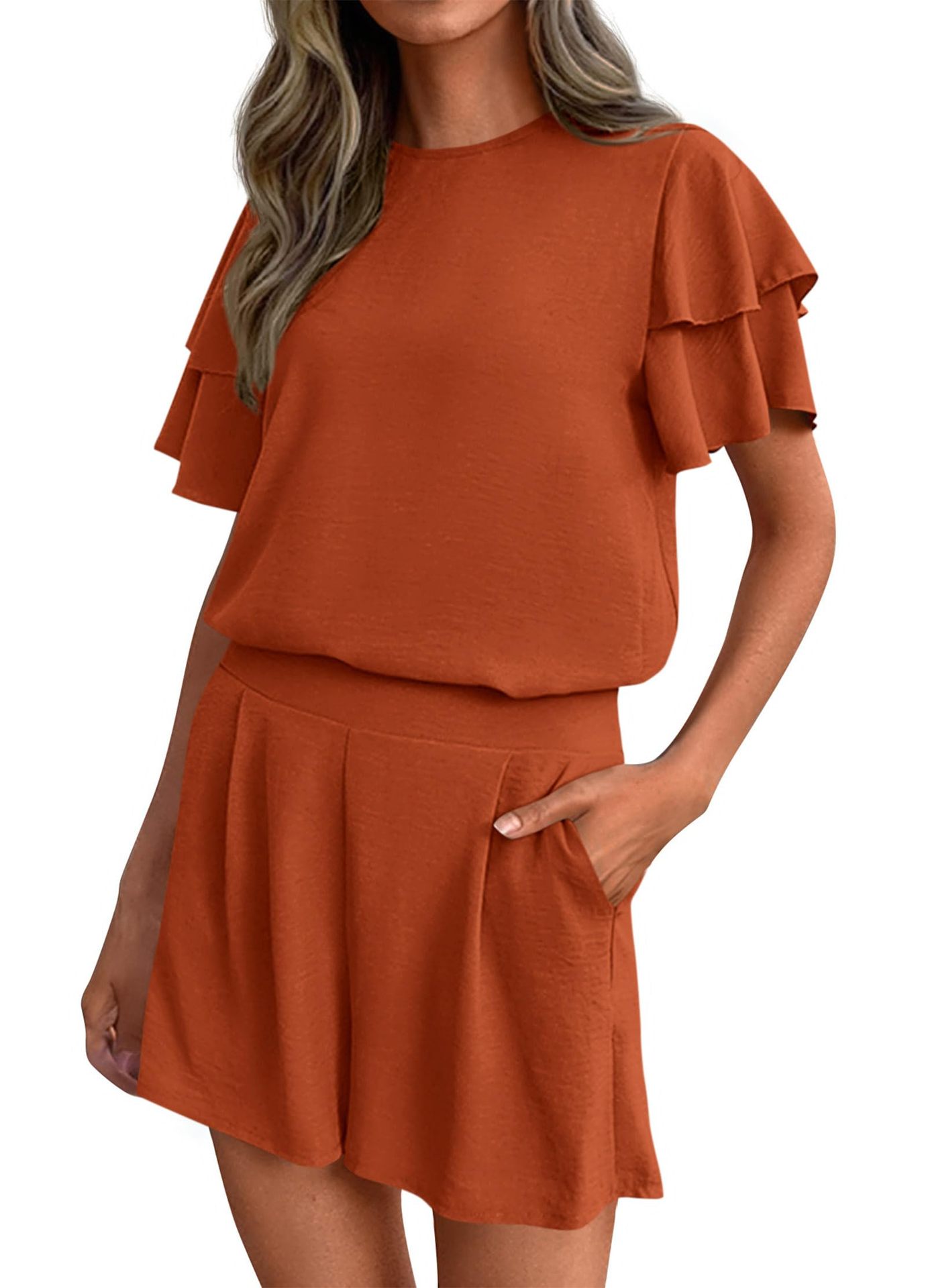 Women's Fashionable Casual Two-Piece Set Crew-Neck Short-Sleeve Top And Shorts