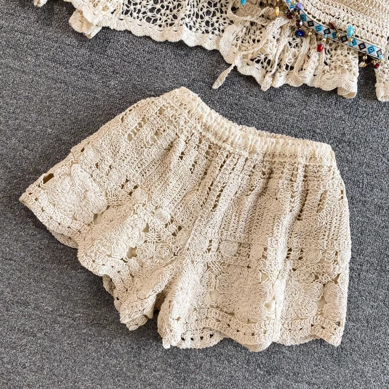 Cardigan Jacket High Waist Crocheted Shorts Beach Holiday Spring Casual Suit
