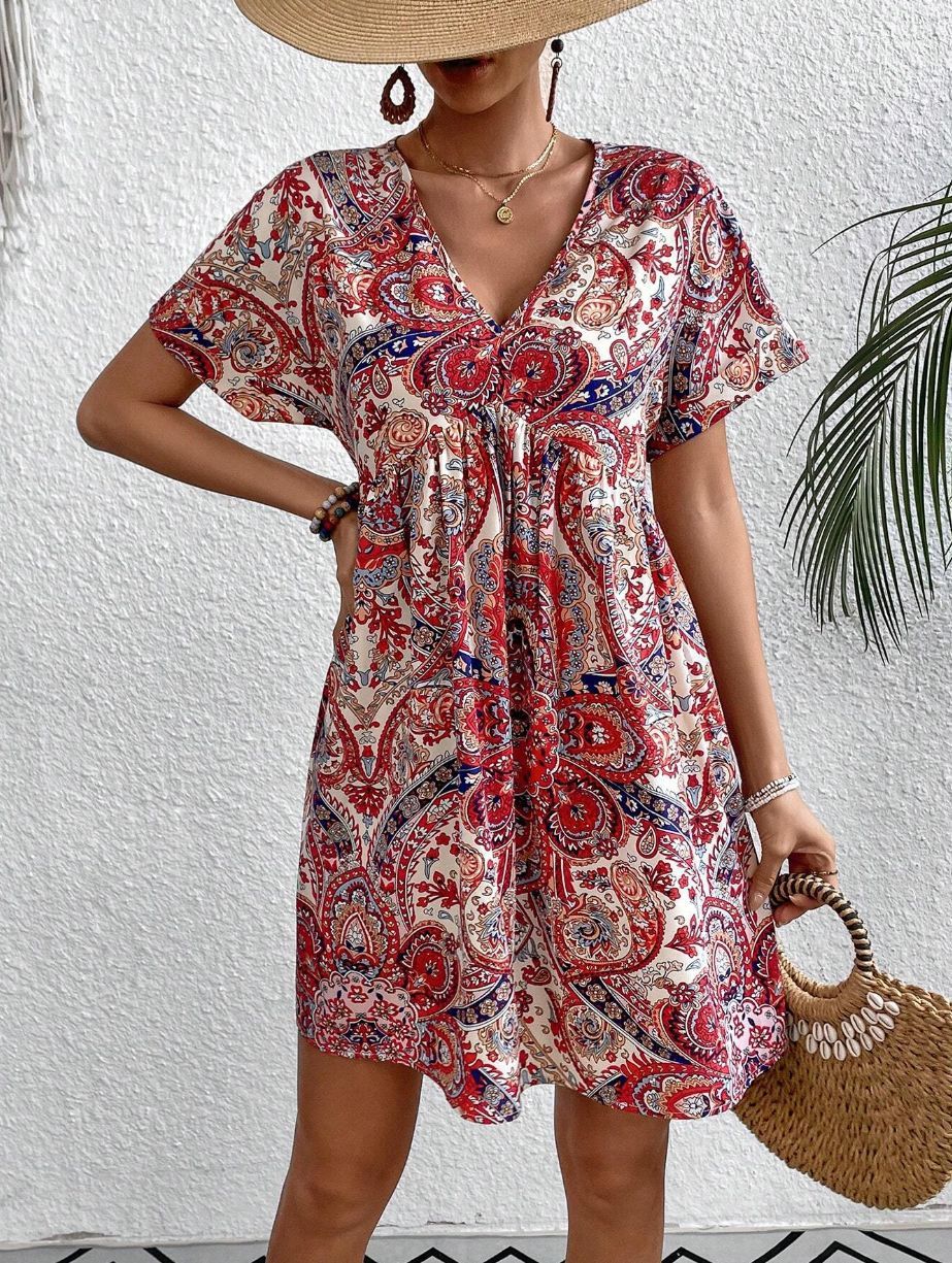 Fashion Women V-neck Printed Dress