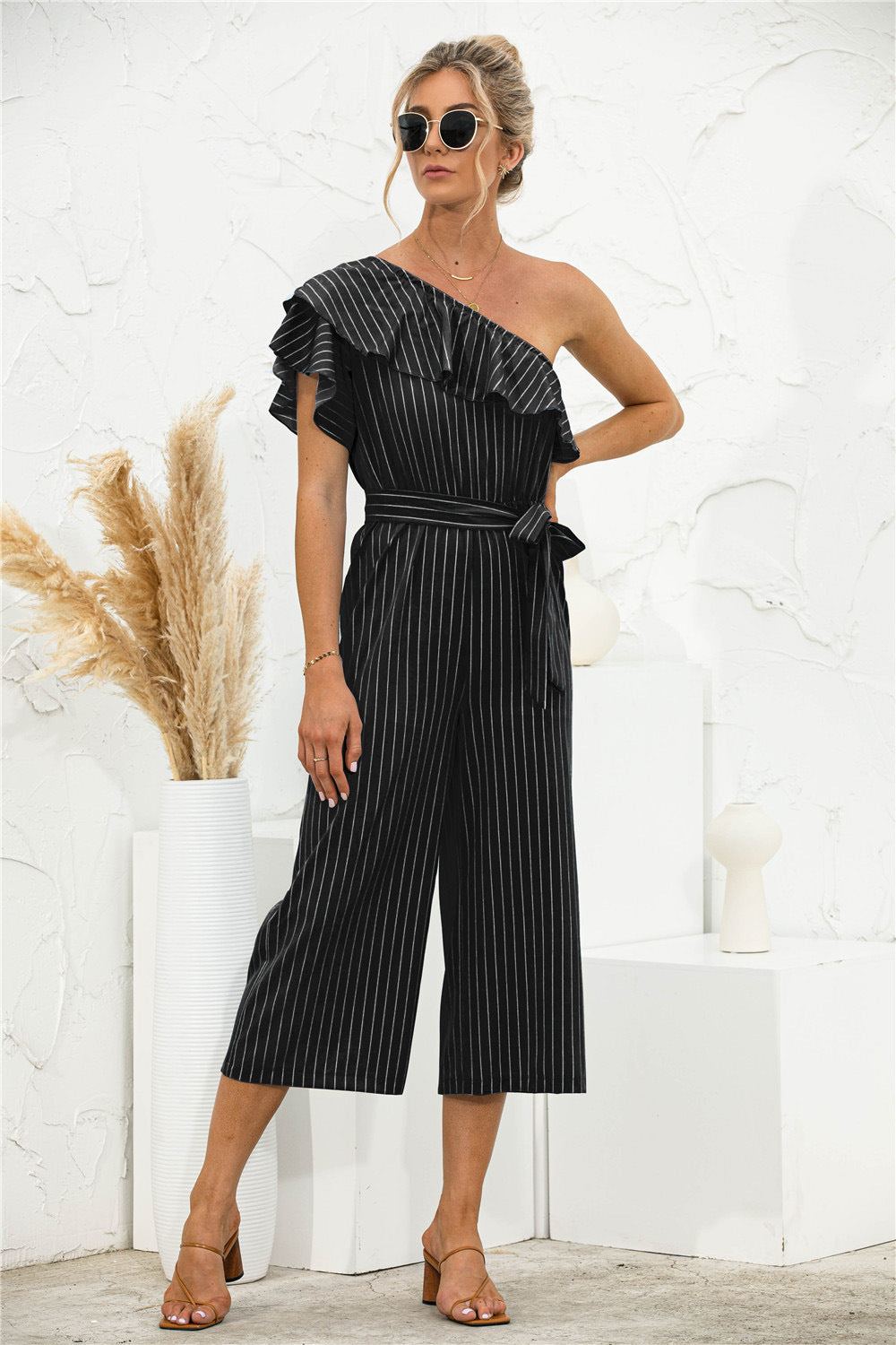 Women's Summer Oblique Shoulder Ruffle Striped Jumpsuit