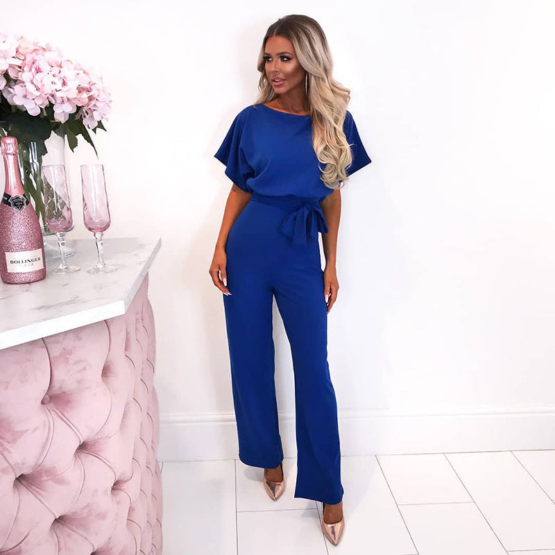 Short sleeve women's jumpsuit with lace button