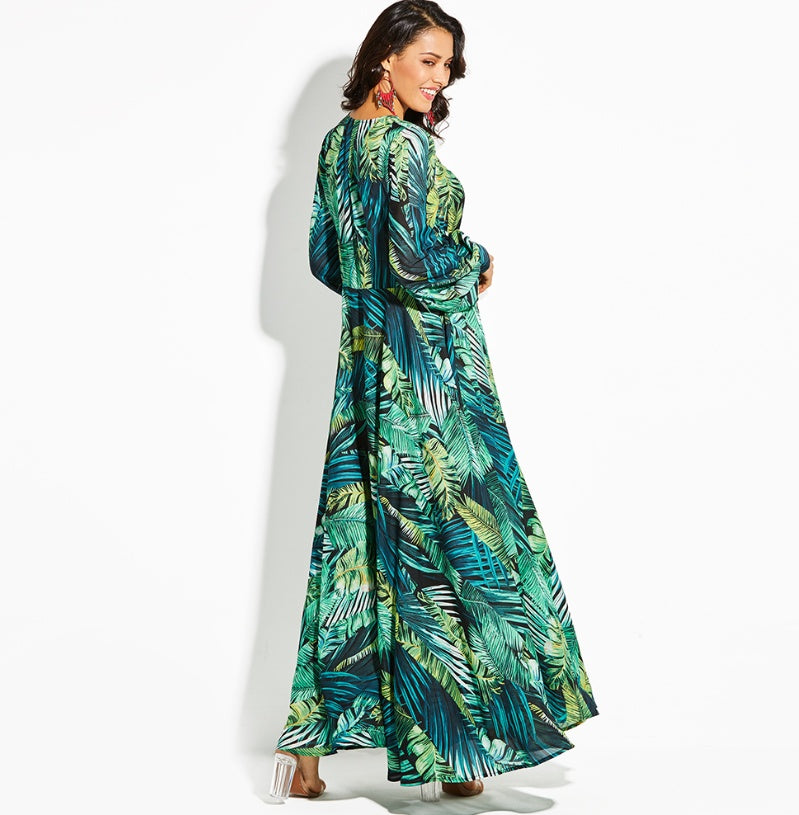 Summer Amazon New Lantern Sleeve V-neck Green Leaf Print Sk