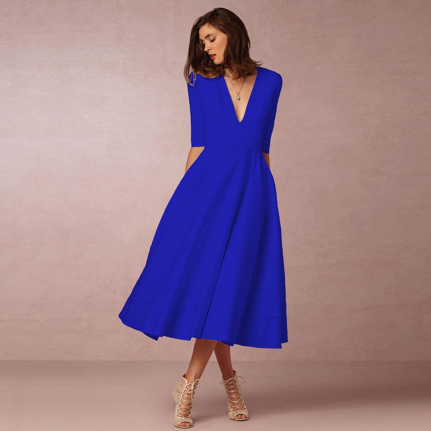 Women's Clothing Evening Dress Deep V Mid-sleeve Large Swing Dress