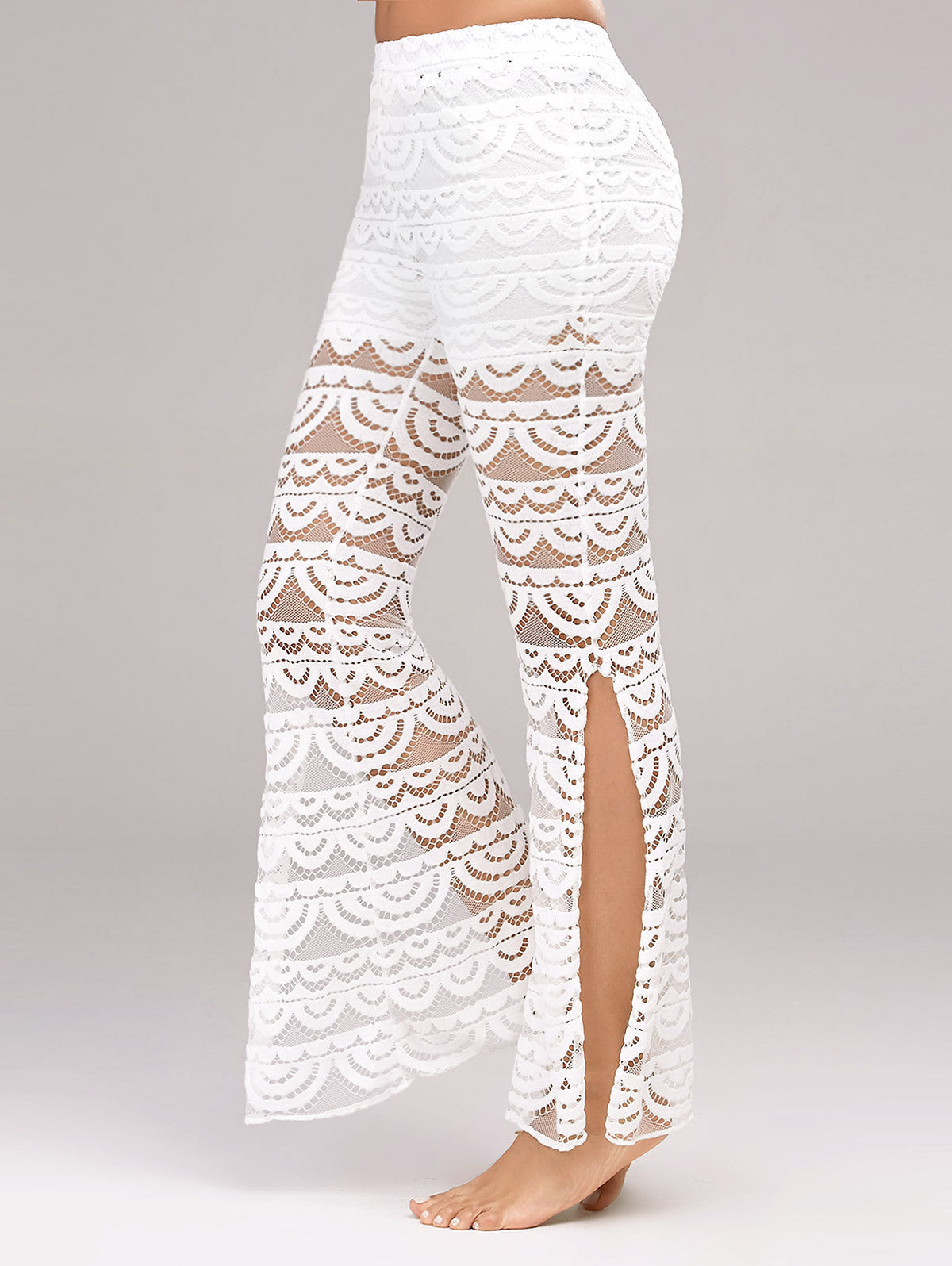 Summer Women Elegant Patchwork Sheer Pants Lace Trouser Pantalon Party Clubwear