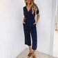 Women's printed V-neck pocket overalls