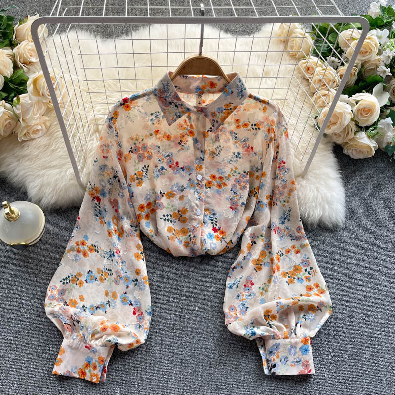 Chemise vintage imprimée à manches longues pour femme