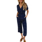 Women's printed V-neck pocket overalls