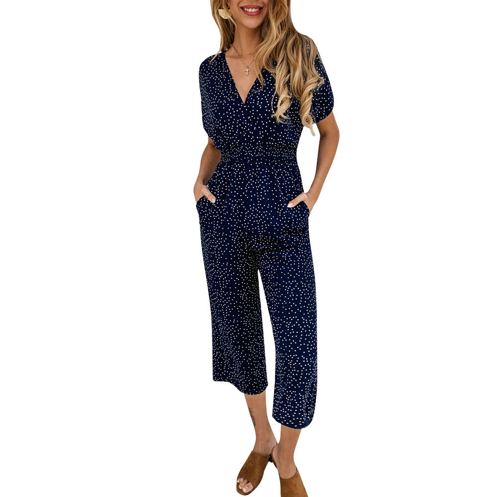 Women's printed V-neck pocket overalls