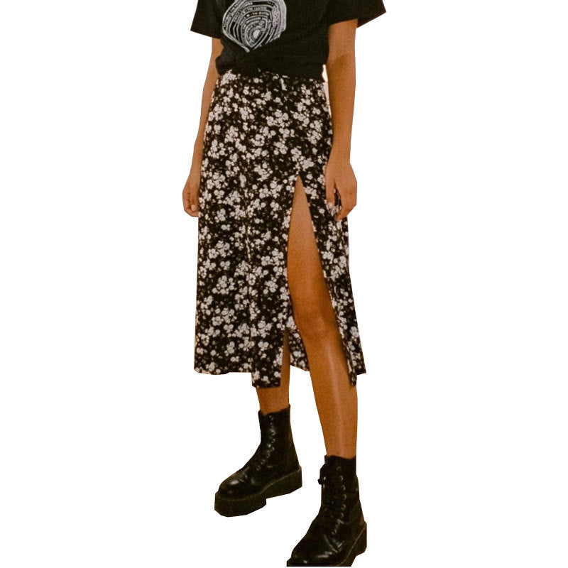 Leopard print floral print high waist stretch slit long A-line skirt