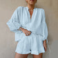 Fashion Cotton And Linen Solid Color Loose V-neck Lantern Sleeve Shorts Two-piece Set