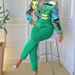 Women's Digital Printing Long-sleeved Shirt With Belt Trousers Suit