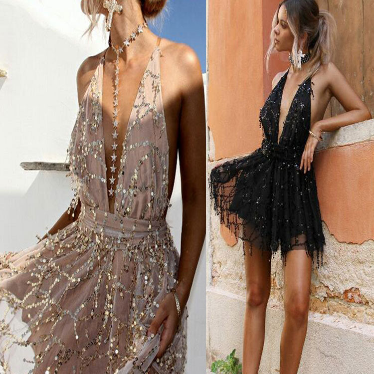 Wholesale wish Europe new sling nightclub sequined deep V collar backless dress skirt pendulum strap