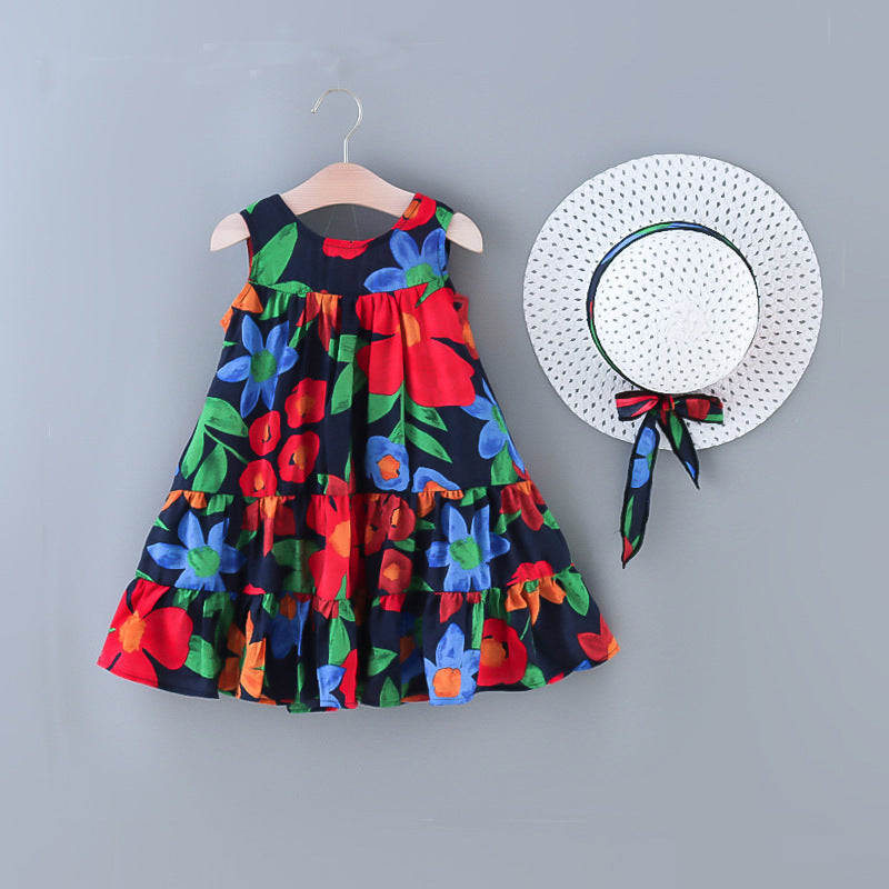 Robe d'été sans manches à col rond pour filles, couleur unie