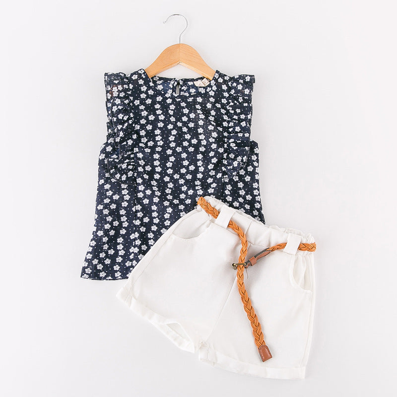 Girls Floral Sleeveless T-shirt + Shorts Set