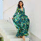 Summer Amazon New Lantern Sleeve V-neck Green Leaf Print Sk