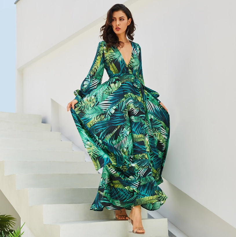 Summer Amazon New Lantern Sleeve V-neck Green Leaf Print Sk