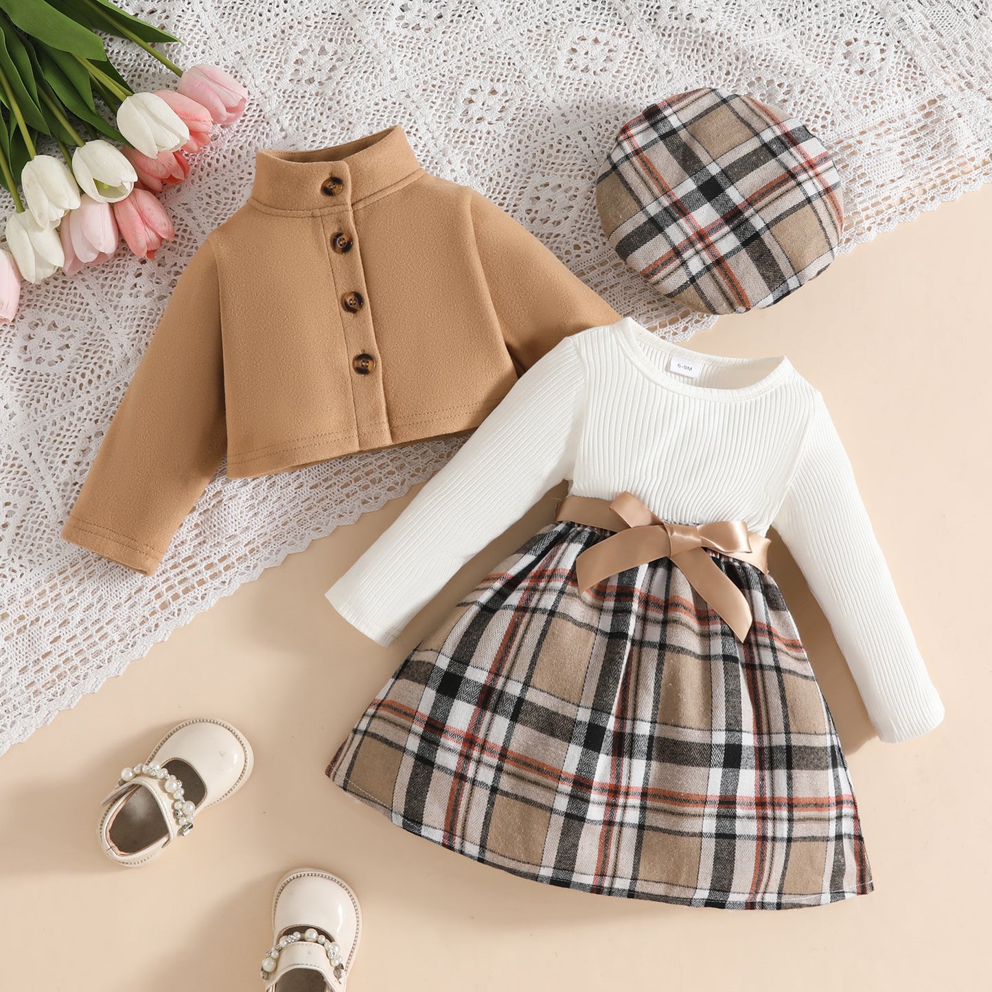 Baby Girl Long Sleeve Stand Collar Wool Coat Plaid Dress Beret Set