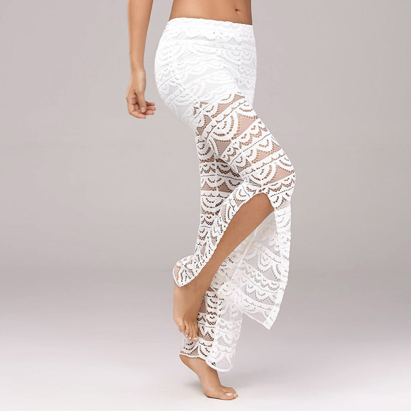 Summer Women Elegant Patchwork Sheer Pants Lace Trouser Pantalon Party Clubwear
